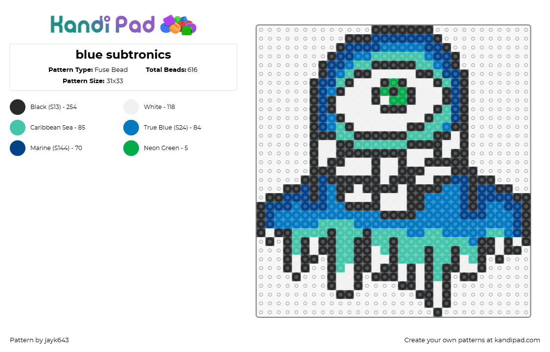 blue subtronics - Fuse Bead Pattern by jayk643 on Kandi Pad - subtronics,cyclops,character,eye,dj,music,edm,dubstep,teeth,blue,green,teal,white