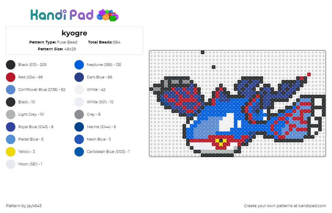 kyogre - Fuse Bead Pattern by jayk643 on Kandi Pad - kyogre,pokemon,character,gaming,blue,red