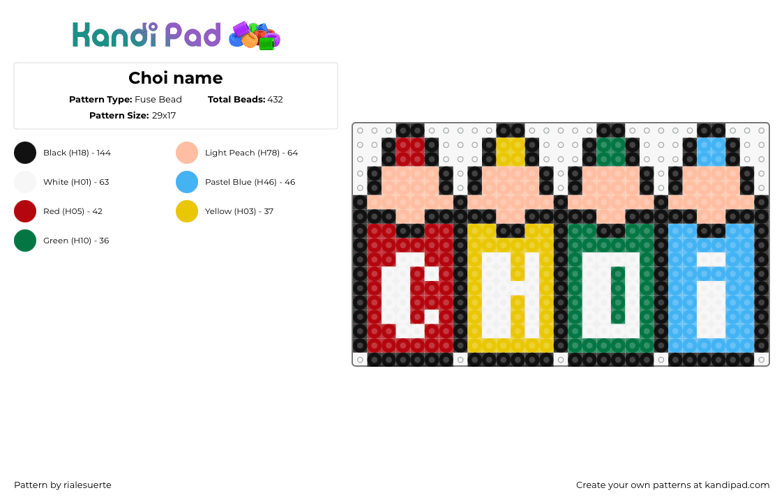 Choi name - Fuse Bead Pattern by rialesuerte on Kandi Pad - crayons,pencils,name,text,sign,colorful,red,yellow,green,light blue