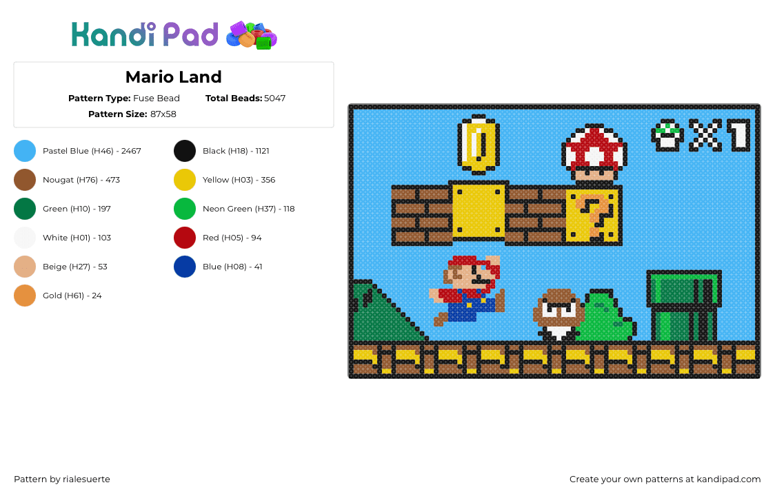 Mario Land - Fuse Bead Pattern by rialesuerte on Kandi Pad - mario,level,nintendo,video game,goomba,stage,landscape,placemat,panel,classic,colorful,light blue,yellow,brown,green,red