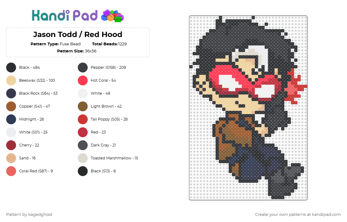 Jason Todd / Red Hood - Fuse Bead Pattern by kagedghost on Kandi Pad - black,red,beige,tan