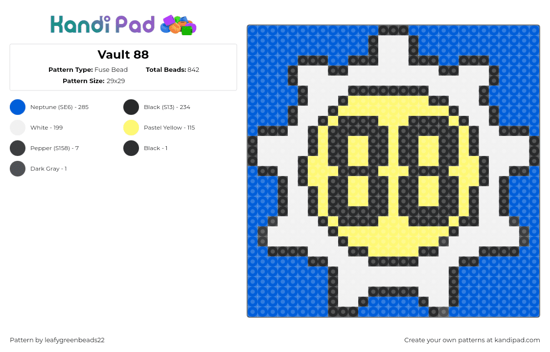 Vault 88 - Fuse Bead Pattern by leafygreenbeads22 on Kandi Pad - vault 88,fallout,logo,cog,gear,number,video game,white,blue,yellow