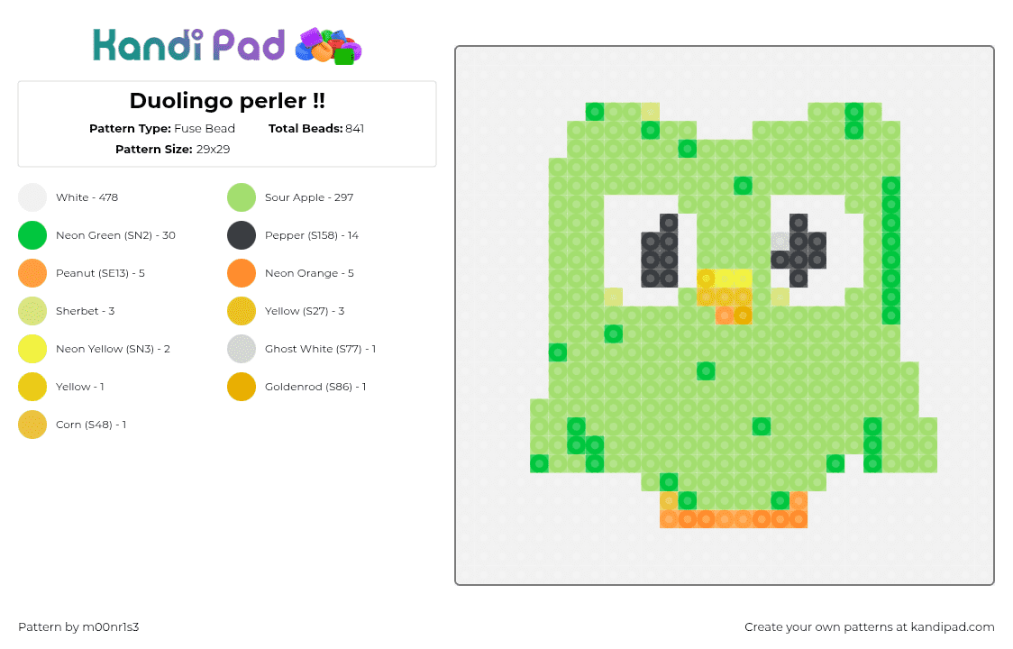 Duolingo perler !! - Fuse Bead Pattern by m00nr1s3 on Kandi Pad - duolingo,owl,logo,bird,animal,language,green