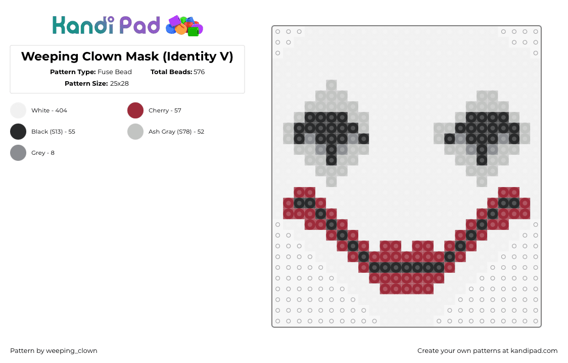 Weeping Clown Mask (Identity V) - Fuse Bead Pattern by weeping_clown on Kandi Pad - 