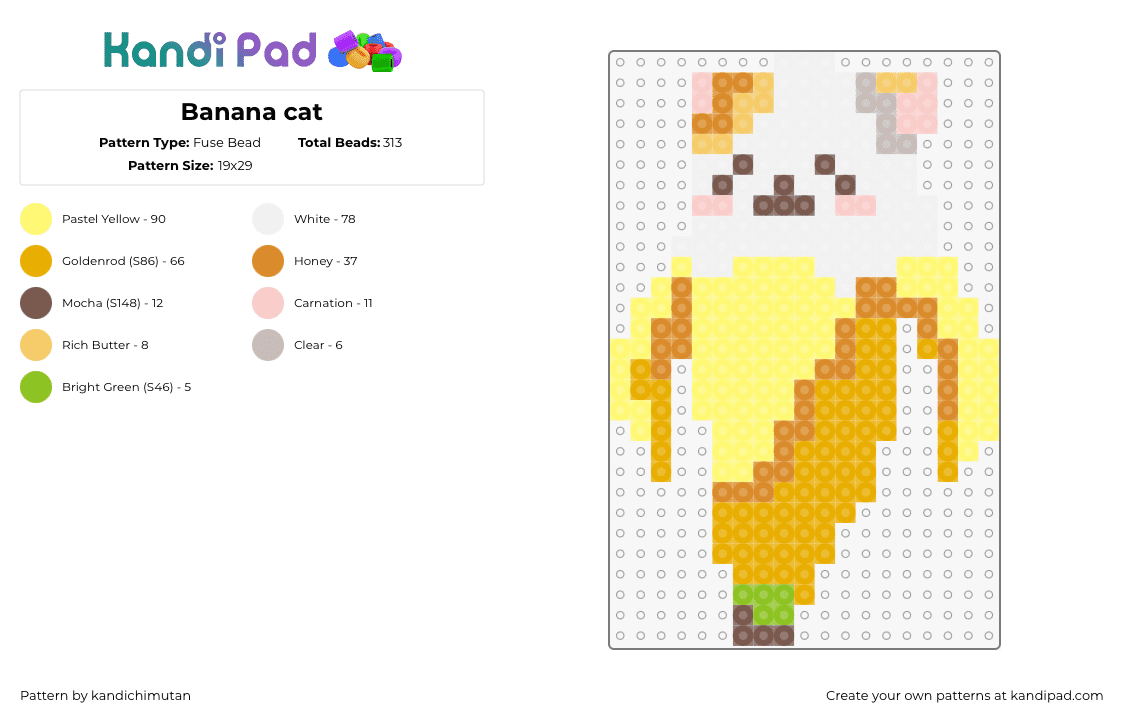 Banana cat - Fuse Bead Pattern by kandichimutan on Kandi Pad - banana,cat,kawaii,cute,fruit,animal,yellow,white