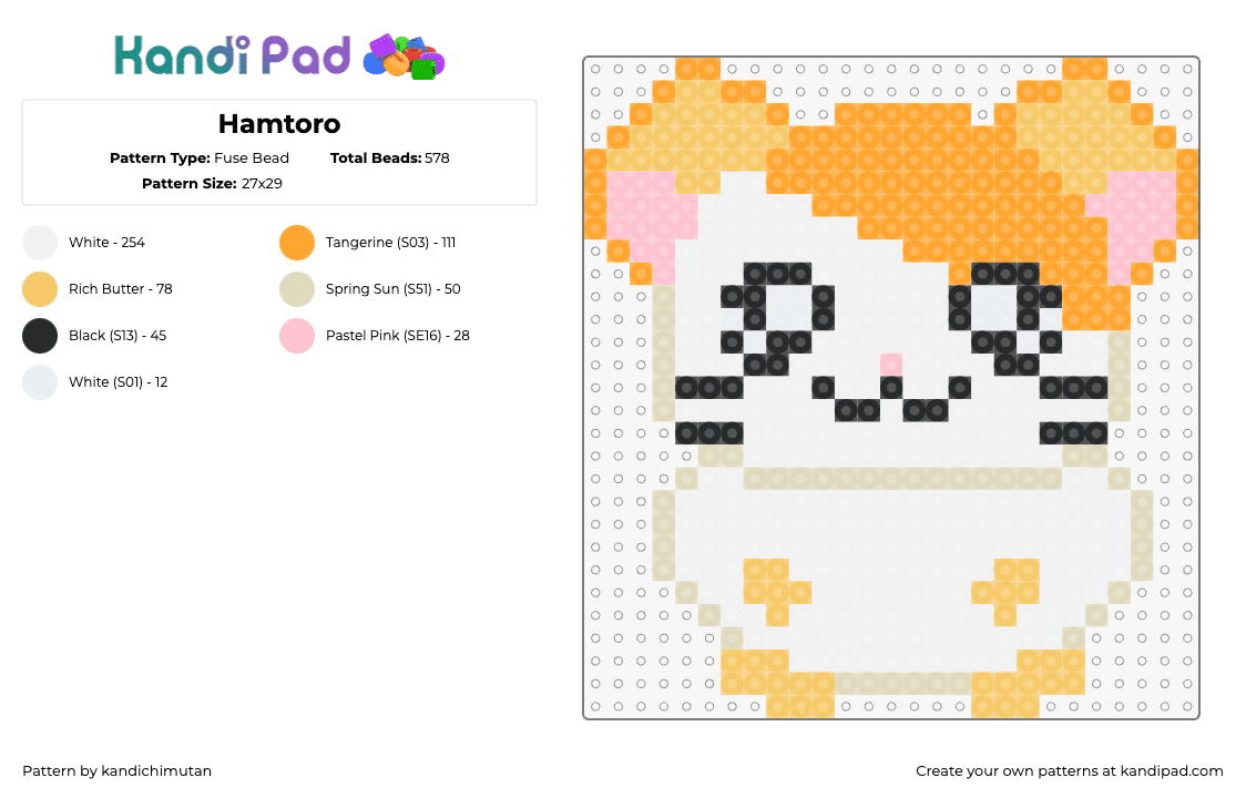 Hamtoro - Fuse Bead Pattern by kandichimutan on Kandi Pad - hamtaro,sanrio,hamster,cute,kawaii,animal,character,white,orange