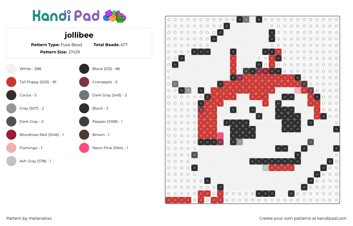 jollibee - Fuse Bead Pattern by melanalxxx on Kandi Pad - jollibee,restaurant,logo,character,head,white,red