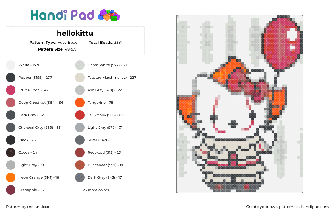 hellokittu - Fuse Bead Pattern by melanalxxx on Kandi Pad - pennywise,hello kitty,mashup,sanrio,it,horror,character,balloon,red,white,orange