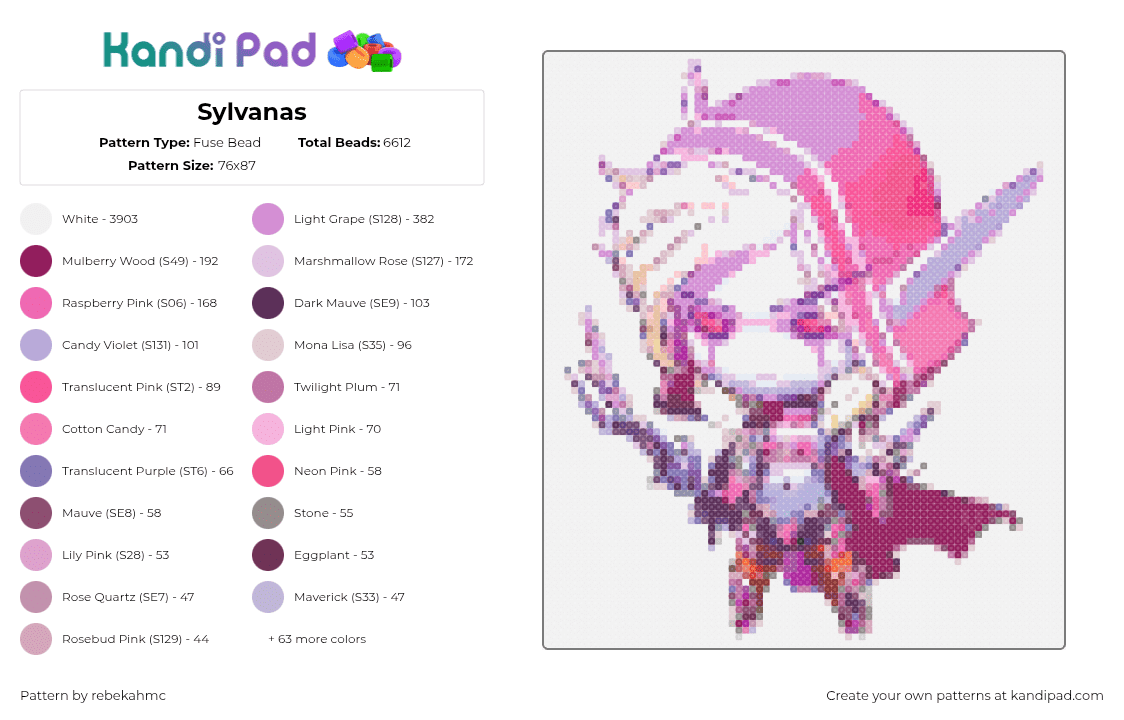 Sylvanas - Fuse Bead Pattern by rebekahmc on Kandi Pad - sylvanas windrunner,wow,world of warcraft,character,chibi,kawaii,gaming,pink,white