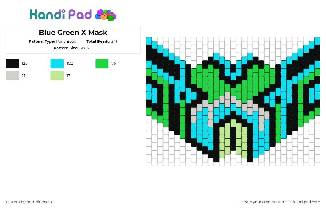 Blue Green X Mask - Pony Bead Pattern by bumblebeev10 on Kandi Pad - excision,dj,mask,music,edm,dubstep,green,light blue