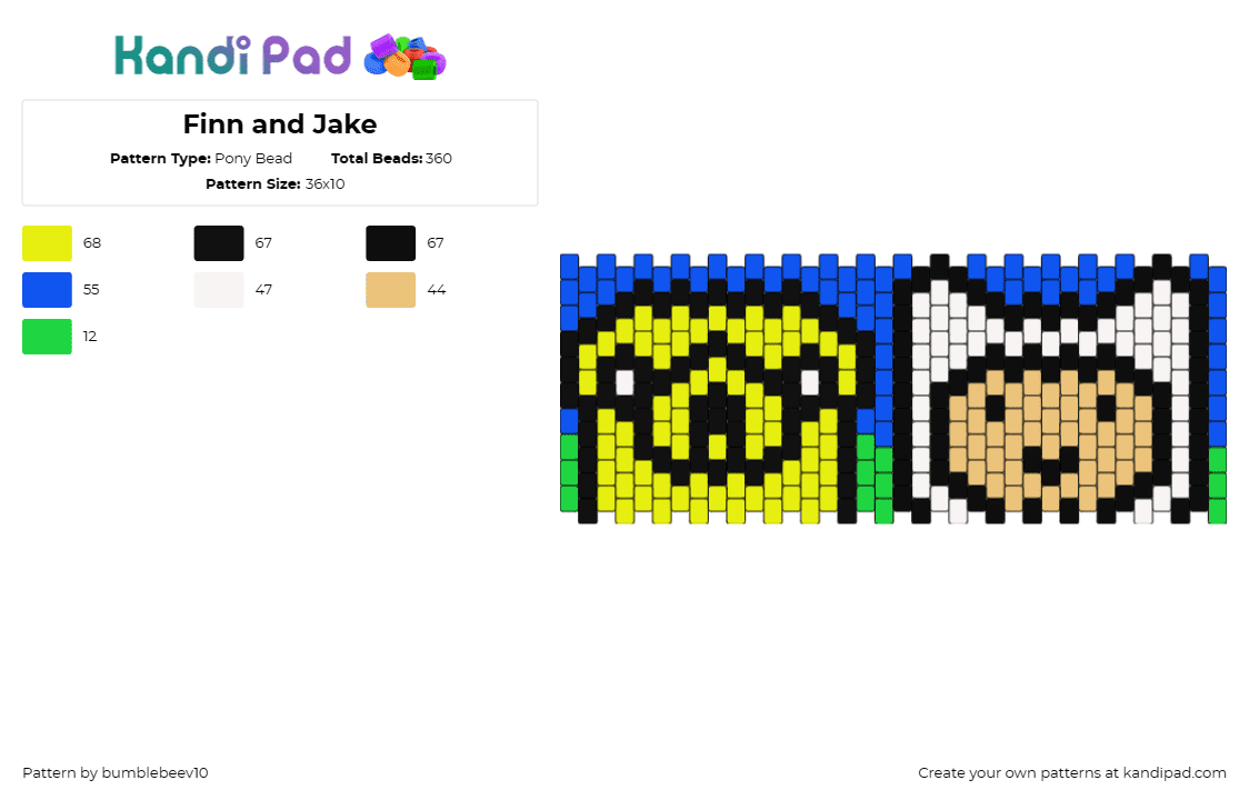 Finn and Jake - Pony Bead Pattern by bumblebeev10 on Kandi Pad - finn,jake,adventure time,cuff,tv show,cartoon,dog,characters,portrait,yellow,whi