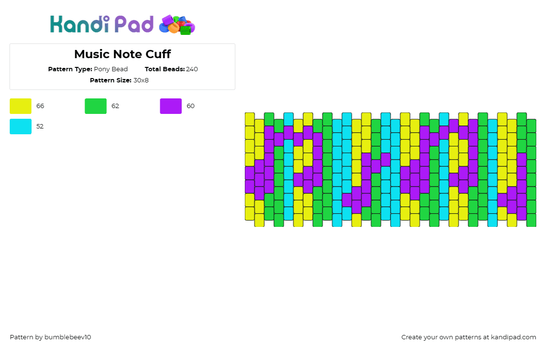 Music Note Cuff - Pony Bead Pattern by bumblebeev10 on Kandi Pad - music,notes,vertical,stripes,colorful,cuff,purple,green