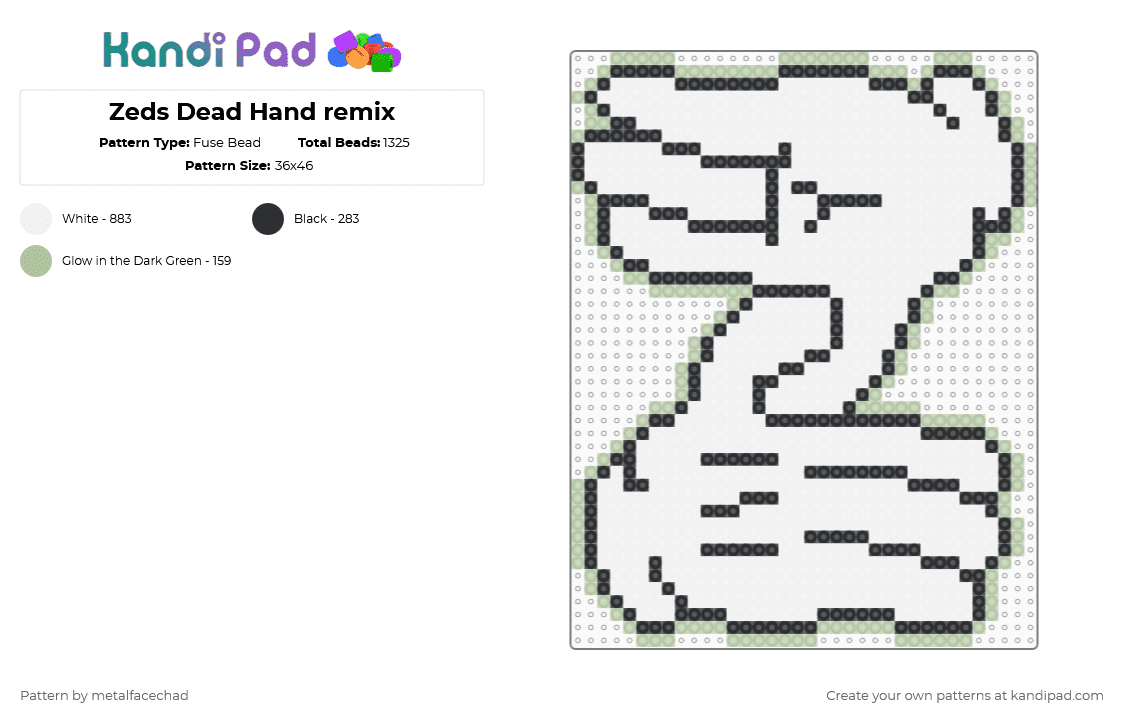 Zeds Dead Hand remix - Fuse Bead Pattern by metalfacechad on Kandi Pad - white,music,zedsdead,zeds dead,dubstep,rave