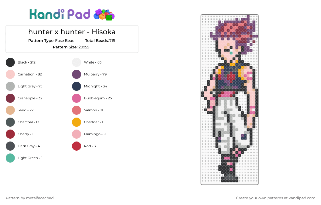 hunter x hunter - Hisoka - Fuse Bead Pattern by metalfacechad on Kandi Pad - pink,beige,hunter x hunter,hisoka,anime,bungee gum