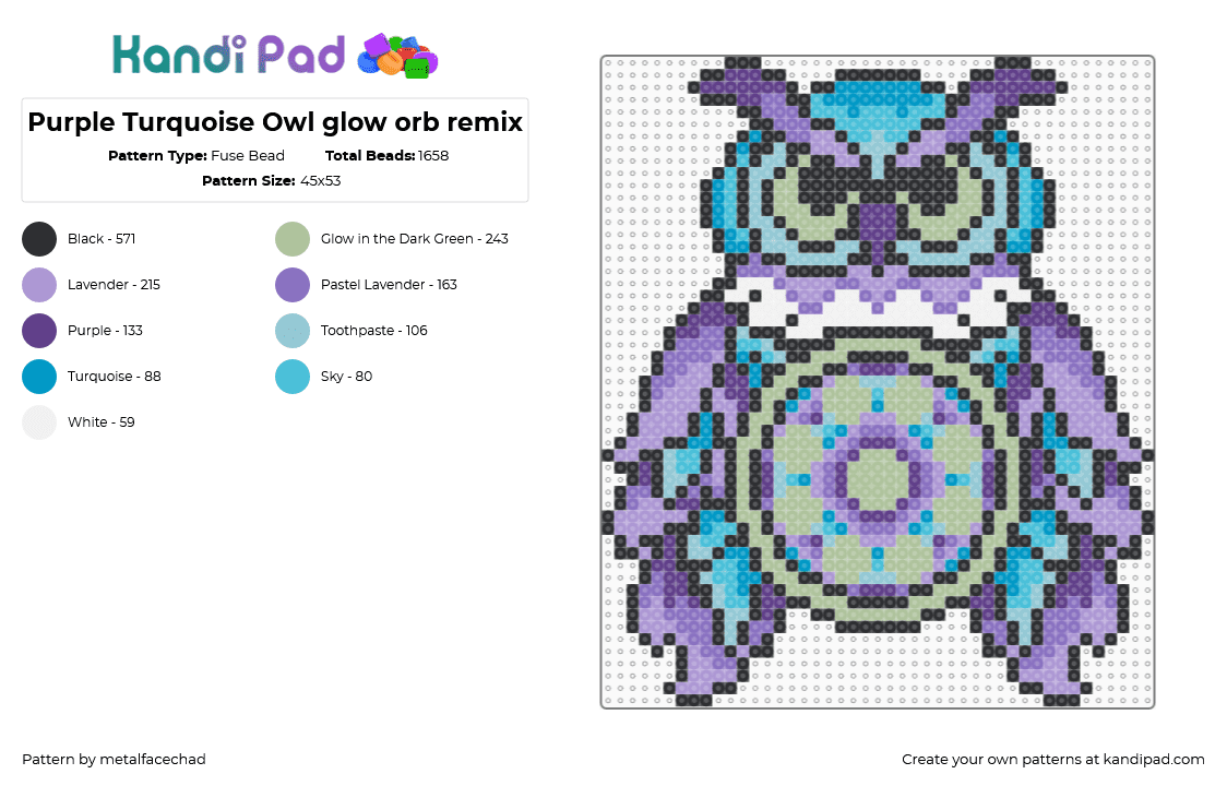 Purple Turquoise Owl glow orb remix - Fuse Bead Pattern by metalfacechad on Kandi Pad - light blue,pink,beige