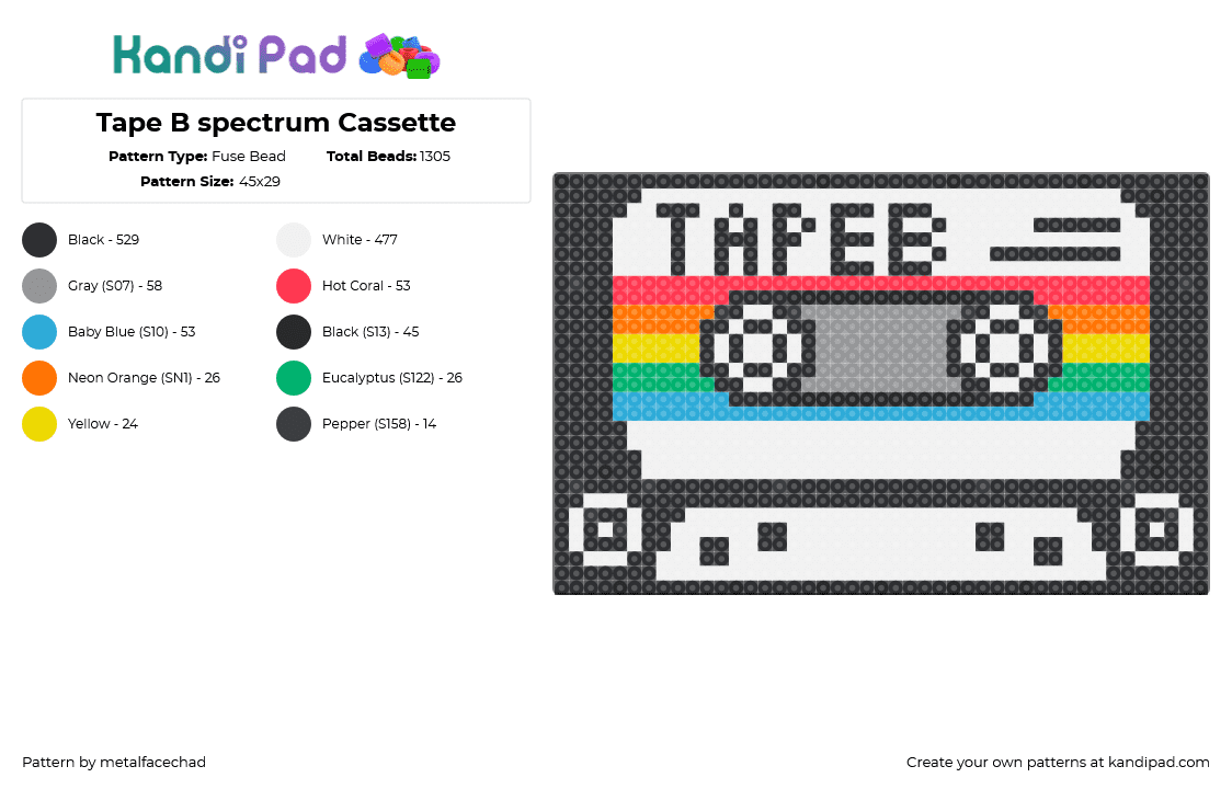 Tape B spectrum Cassette - Fuse Bead Pattern by metalfacechad on Kandi Pad - tape b,cassette,dj,music,edm,retro,black,white