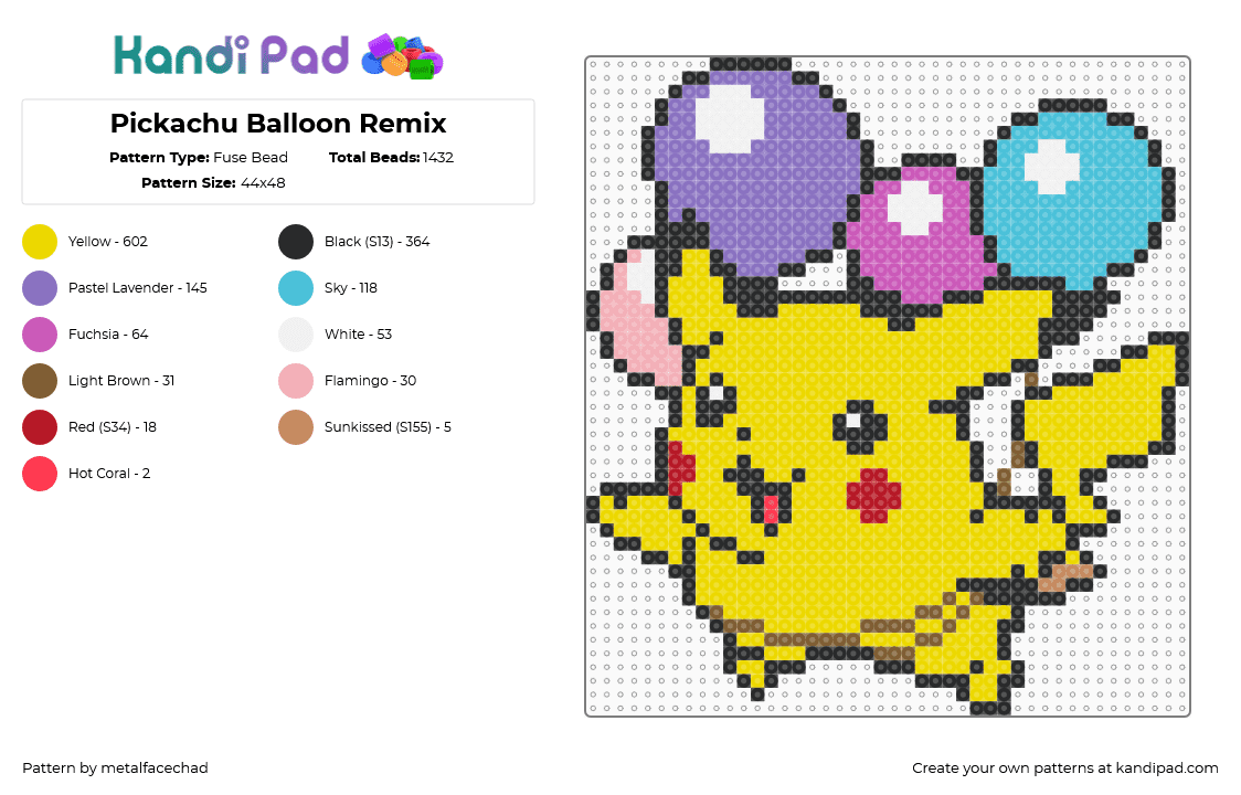 Pickachu Balloon Remix - Fuse Bead Pattern by metalfacechad on Kandi Pad - yellow,blue