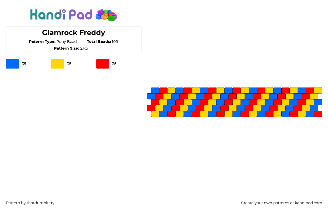 Glamrock Freddy - Pony Bead Pattern by thatdumbkitty on Kandi Pad - freddy,glamrock,fnaf,five nights at freddys,video game,diagonal,stripes,cuff,red,yellow,blue