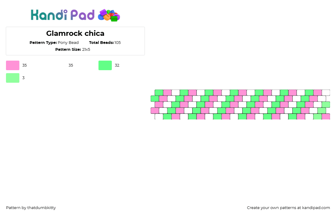 Glamrock chica - Pony Bead Pattern by thatdumbkitty on Kandi Pad - chica,glamrock,fnaf,five nights at freddys,video game,diagonal,stripes,cuff,pink,green,white