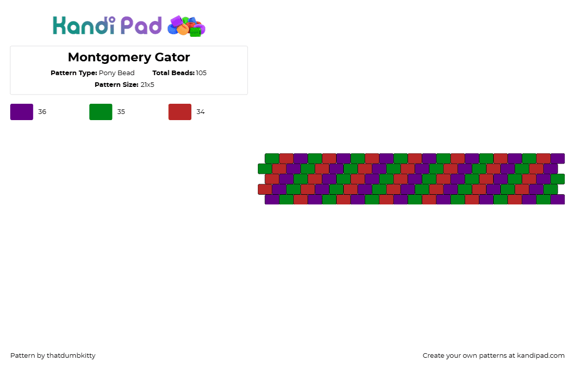 Montgomery Gator - Pony Bead Pattern by thatdumbkitty on Kandi Pad - montgomery gator,fnaf,five nights at freddys,video game,diagonal,stripes,cuff,green,red,purple