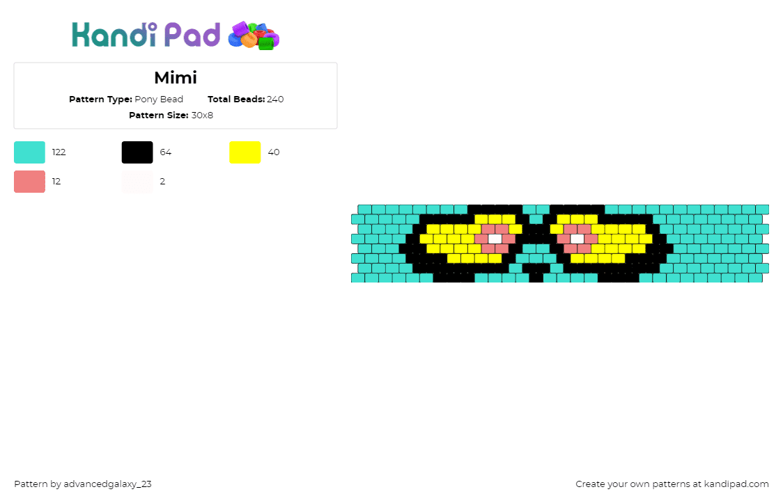 Mimi - Pony Bead Pattern by advancedgalaxy_23 on Kandi Pad - mimi,psychocuties,eyes,character,cuff,animation,cartoon,youtube,teal,yellow