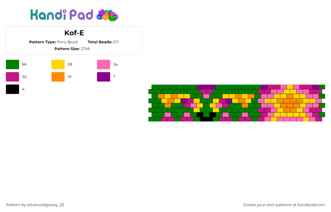 Kof-E - Pony Bead Pattern by advancedgalaxy_23 on Kandi Pad - kofe,star,cuff,pink,green,orange