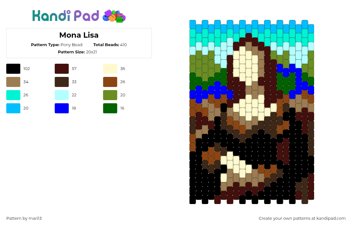 Mona Lisa - Pony Bead Pattern by mari13 on Kandi Pad - brown,yellow,light blue,colorful