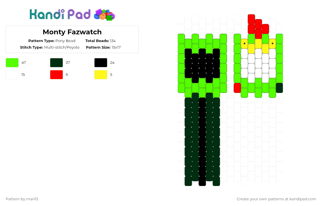 Monty Fazwatch - Pony Bead Pattern by mari13 on Kandi Pad - green,fnaf,security breach,cuff
