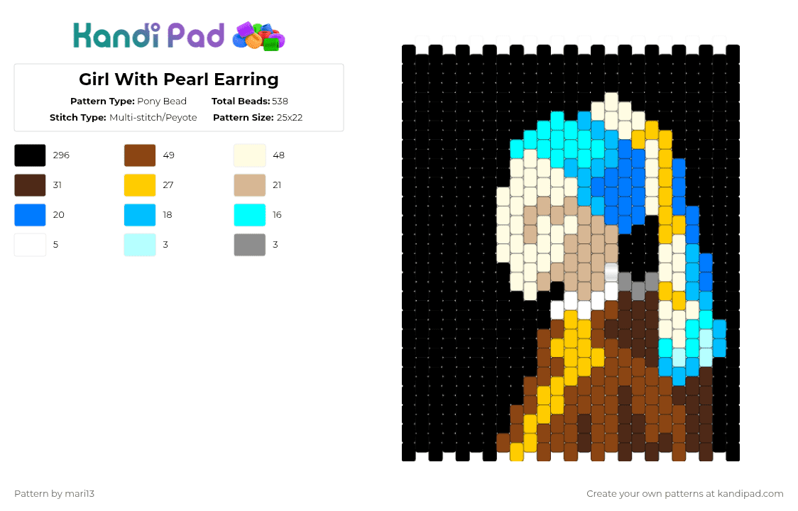 Girl With Pearl Earring - Pony Bead Pattern by mari13 on Kandi Pad - black,red,yellow,colorful