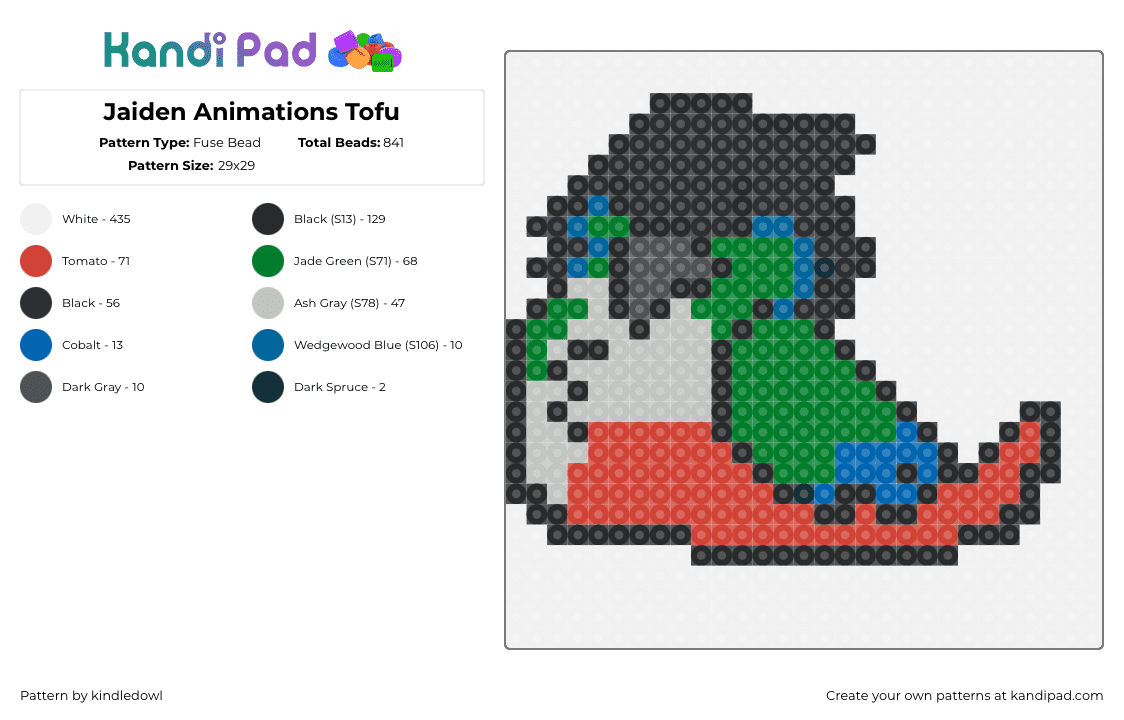 Jaiden Animations Tofu - Fuse Bead Pattern by kindledowl on Kandi Pad - tofu,jaiden animations,bird,pet,animal,youtube,streamer,gray,red,green