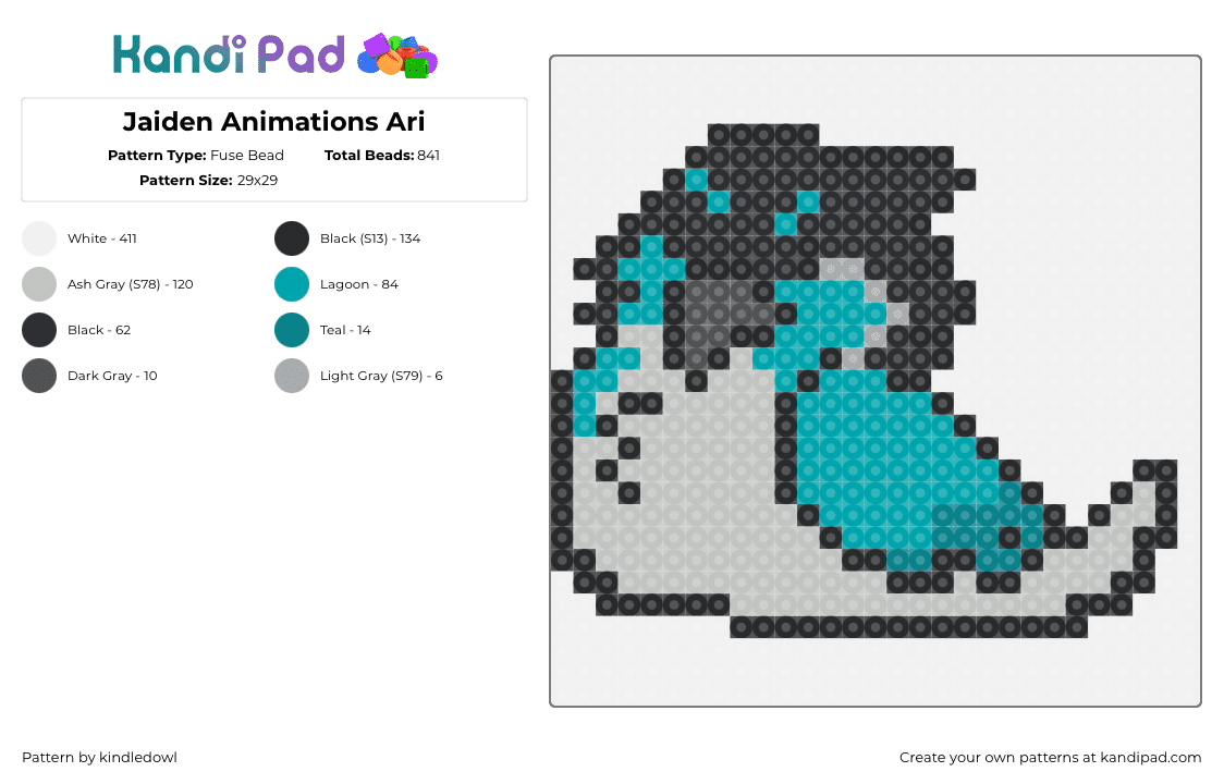 Jaiden Animations Ari - Fuse Bead Pattern by kindledowl on Kandi Pad - ari,jaiden animations,bird,pet,animal,youtube,streamer,gray,teal