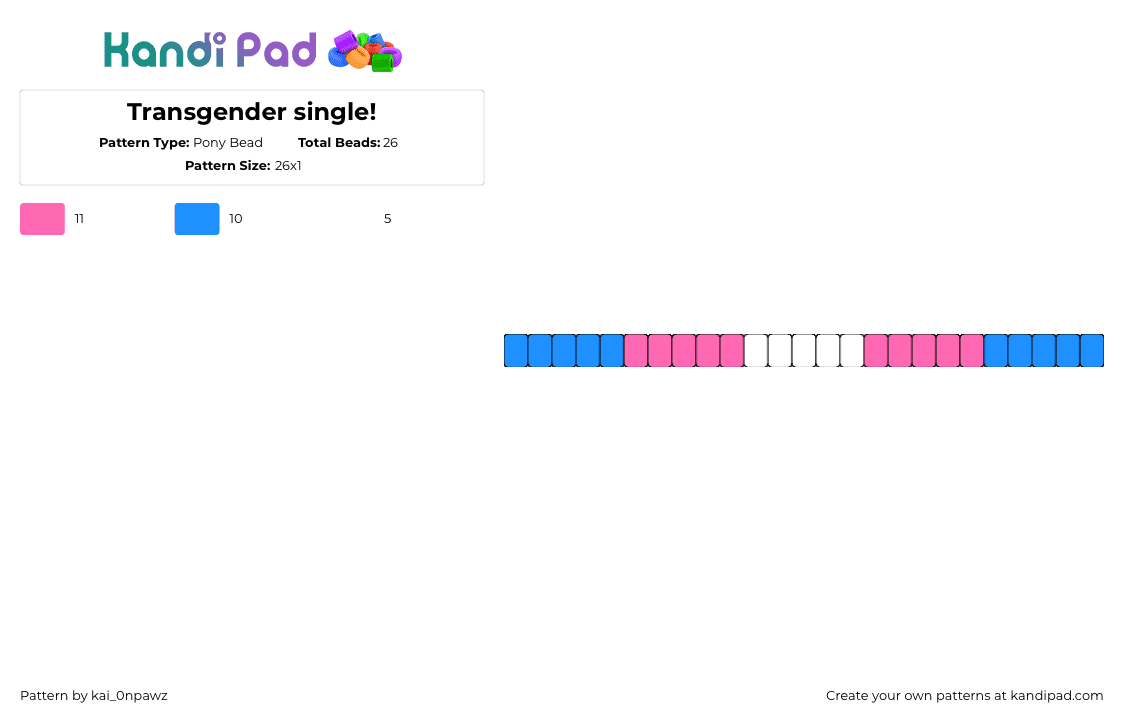 Transgender single! - Pony Bead Pattern by kai_0npawz on Kandi Pad - pansexual,pride,single,bracelet,blue,pink,white