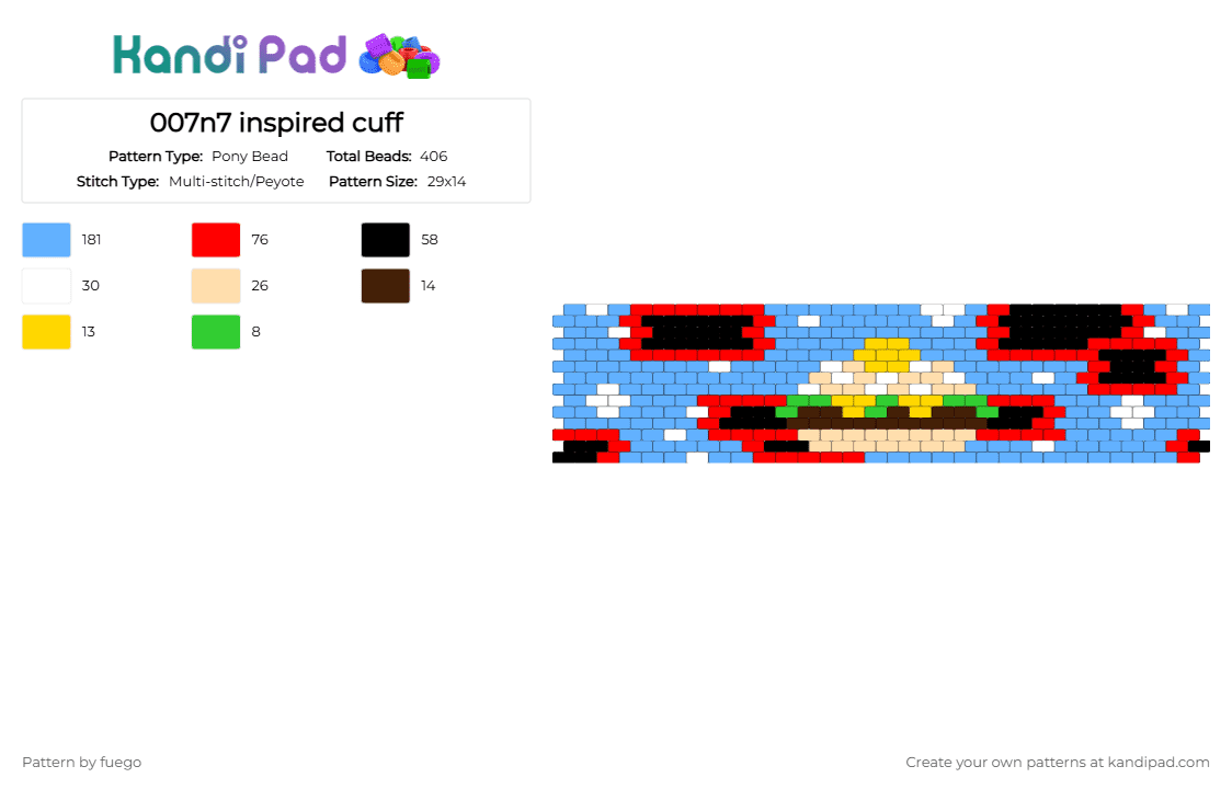 007n7 inspired cuff - Pony Bead Pattern by fuego on Kandi Pad - light blue,red