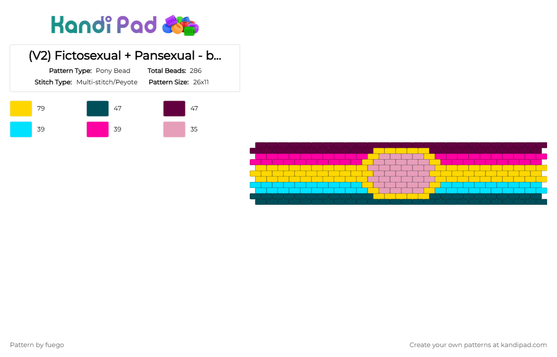 (V2) Fictosexual + Pansexual - brick stitch cuff! - Pony Bead Pattern by fuego on Kandi Pad - yellow,pink,ficto,fictosexual,pan,pansexual,pride,pride flag