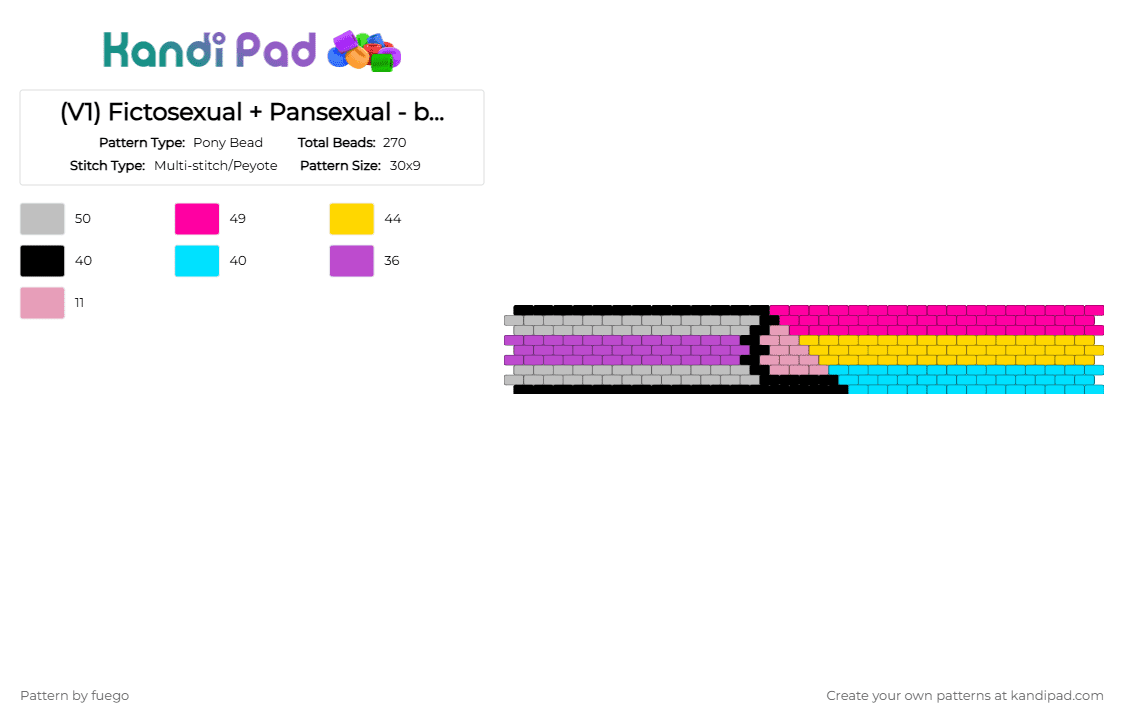 (V1) Fictosexual + Pansexual - brick stitch cuff! - Pony Bead Pattern by fuego on Kandi Pad - pink,pansexual,pan,fictosexual,ficto,pride,pride flag