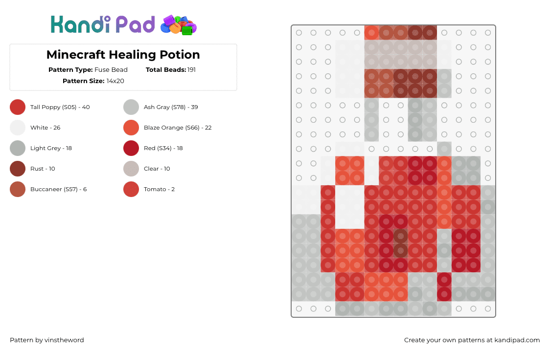 Minecraft Healing Potion - Fuse Bead Pattern by vinstheword on Kandi Pad - potion,minecraft,health,bottle,cork,video game,red,gray