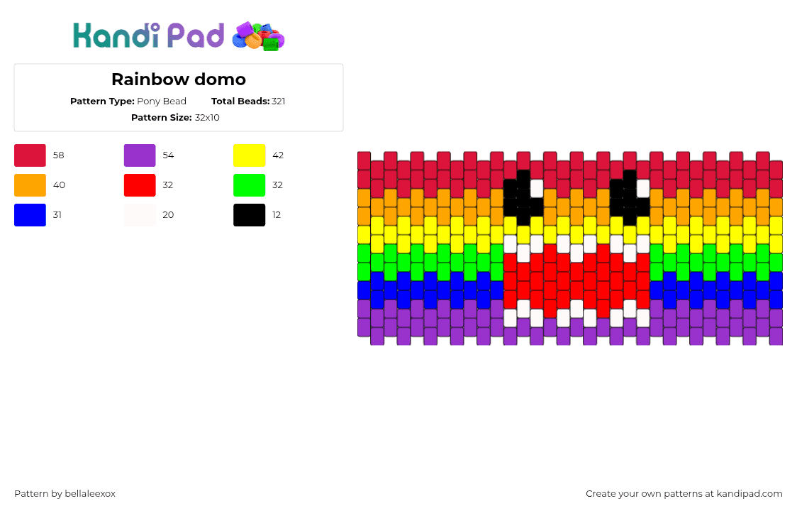 Rainbow domo - Pony Bead Pattern by bellaleexox on Kandi Pad - domo,rainbow,mouth,face,cuff,red,purple,yellow