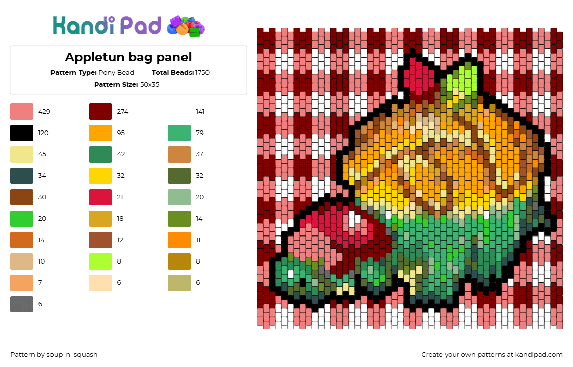 Appletun bag panel - Pony Bead Pattern by soup_n_squash on Kandi Pad - appletun,pokemon,weave,character,gaming,panel,pink,red,green,orange