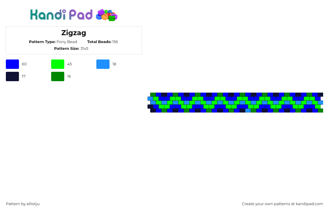 Zigzag - Pony Bead Pattern by elliotju on Kandi Pad - zig zag,neon,glow,bracelet,cuff,green,blue