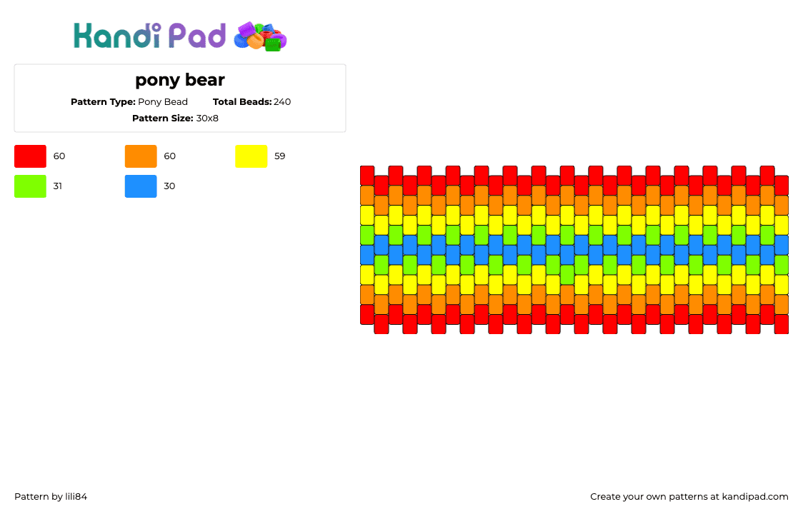 pony bear - Pony Bead Pattern by lili84 on Kandi Pad - rainbow,horizontal,stripes,cuff,red,yellow,blue