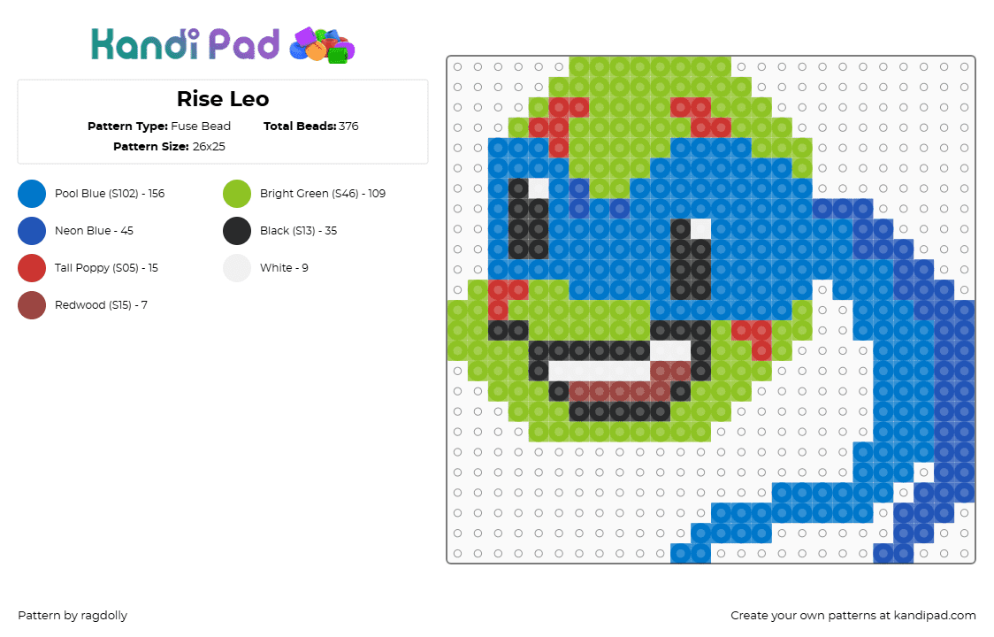 Rise Leo - Fuse Bead Pattern by ragdolly on Kandi Pad - leonardo,tmnt,teenage mutant ninja turtles,character,head,smile,blue,green