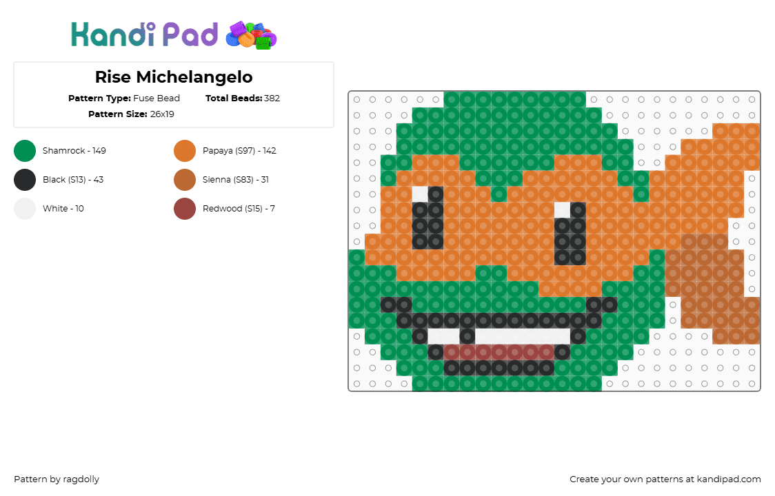 Rise Michelangelo - Fuse Bead Pattern by ragdolly on Kandi Pad - michelangelo,tmnt,teenage mutant ninja turtles,head,character,comic,green,orange