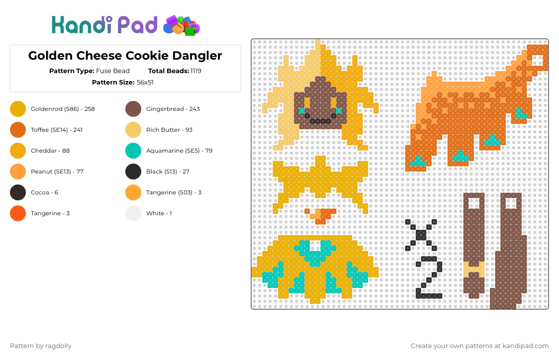 Golden Cheese Cookie Dangler - Fuse Bead Pattern by ragdolly on Kandi Pad - orange,tan,golden cheese cookie,cookie run kingdom,cookie run,dangler