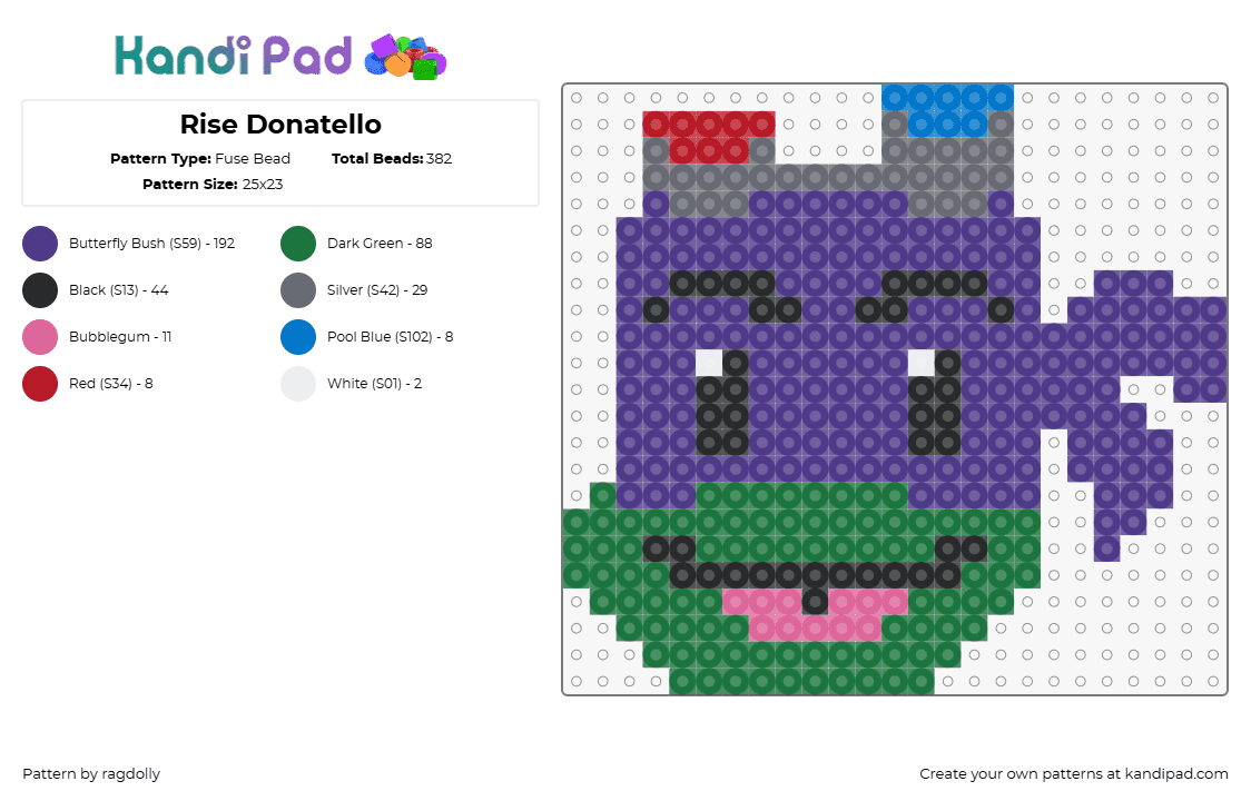 Rise Donatello - Fuse Bead Pattern by ragdolly on Kandi Pad - donatello,tmnt,teenage mutant ninja turtles,character,head,happy,comic,tv show,purple,green