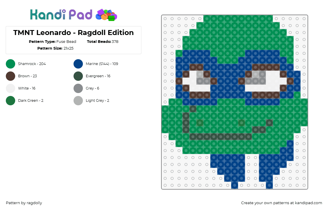 TMNT Leonardo - Ragdoll Edition - Fuse Bead Pattern by ragdolly on Kandi Pad - leonardo,tmnt,teenage mutant ninja turtles,character,head,comic,tv show,movie,green,blue