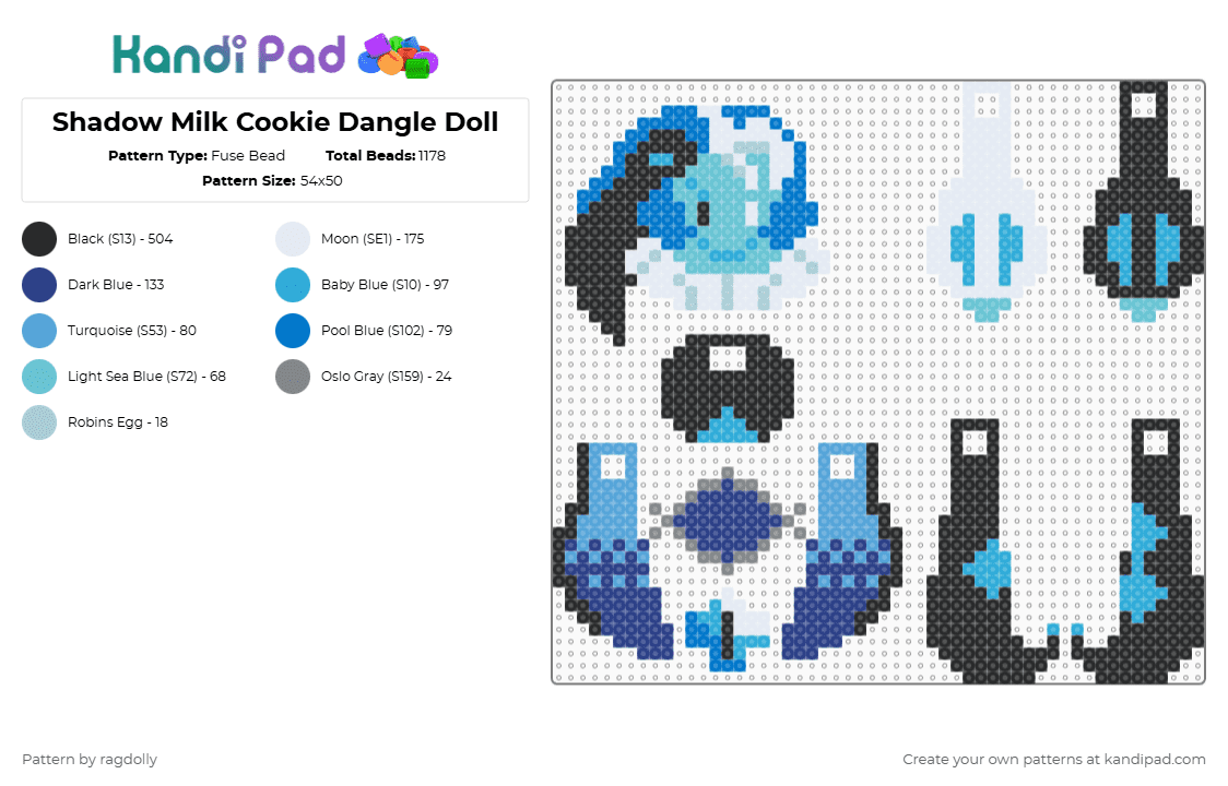 Shadow Milk Cookie Dangler - Fuse Bead Pattern by ragdolly on Kandi Pad - blue,light blue,shadow milk cookie,cookie run kingdom,dangle doll,jesters,clowns,cookie run,dangler