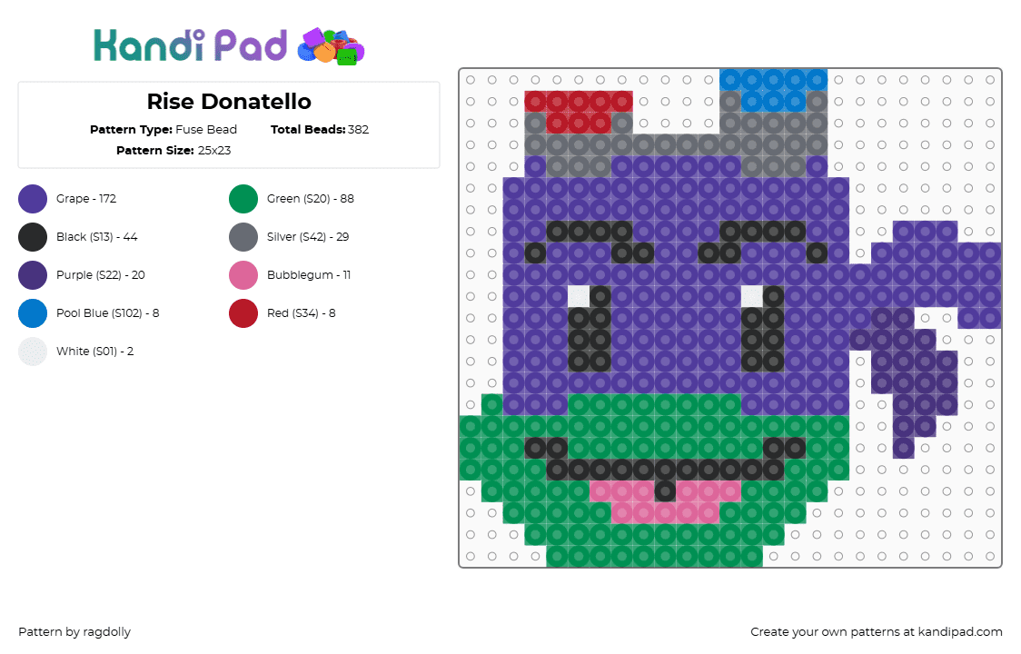 Rise Donatello - Fuse Bead Pattern by ragdolly on Kandi Pad - donatello,tmnt,teenage mutant ninja turtles,character,head,happy,comic,tv show,purple,green