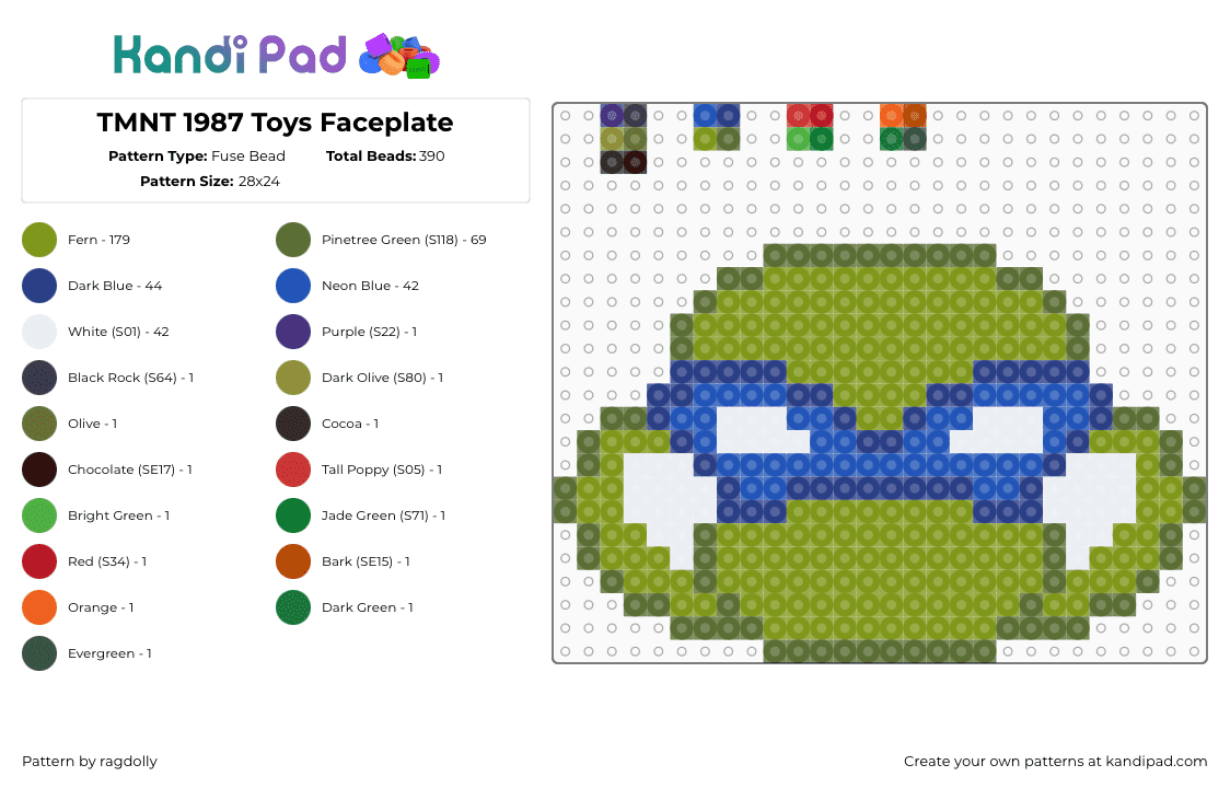 TMNT 1987 Toys Faceplate - Fuse Bead Pattern by ragdolly on Kandi Pad - leonardo,tmnt,teenage mutant ninja turtles,head,character,toy,green,blue