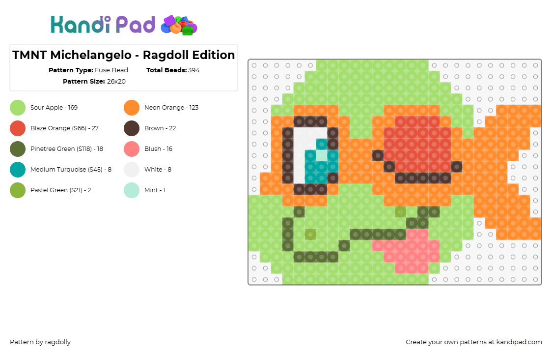 TMNT Michelangelo - Ragdoll Edition - Fuse Bead Pattern by ragdolly on Kandi Pad - michelangelo,tmnt,teenage mutant ninja turtles,tongue,character,head,silly,comic,green,orange