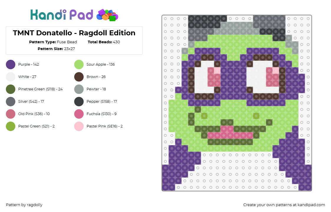 TMNT Donatello - Ragdoll Edition - Fuse Bead Pattern by ragdolly on Kandi Pad - donatello,tmnt,teenage mutant ninja turtles,character,head,comic,tv show,movie,green,purple